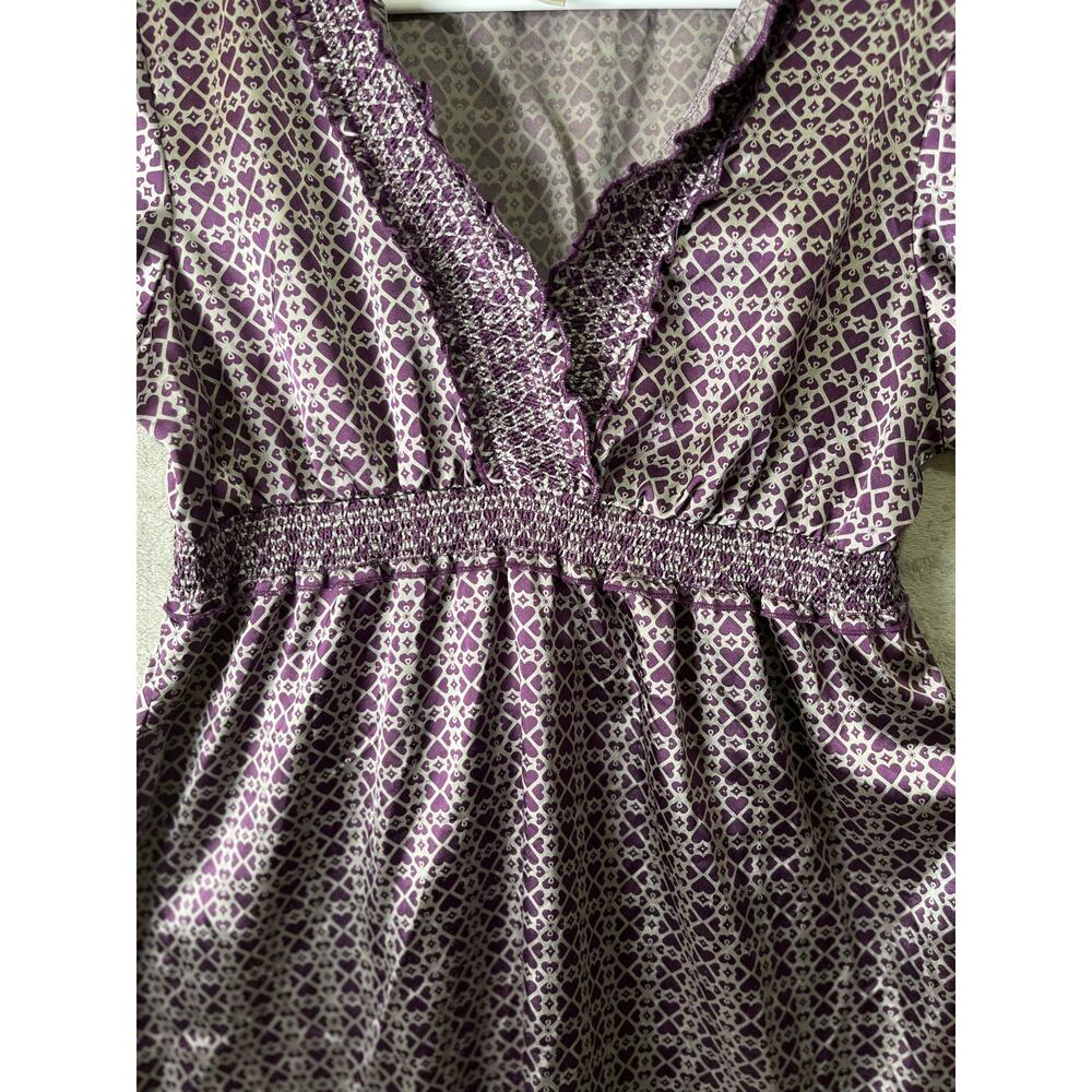 Vintage Y2K Purple Geometric Print Babydoll Top Smocked Waist Ruffle Trim Boho L - Picture 2 of 8